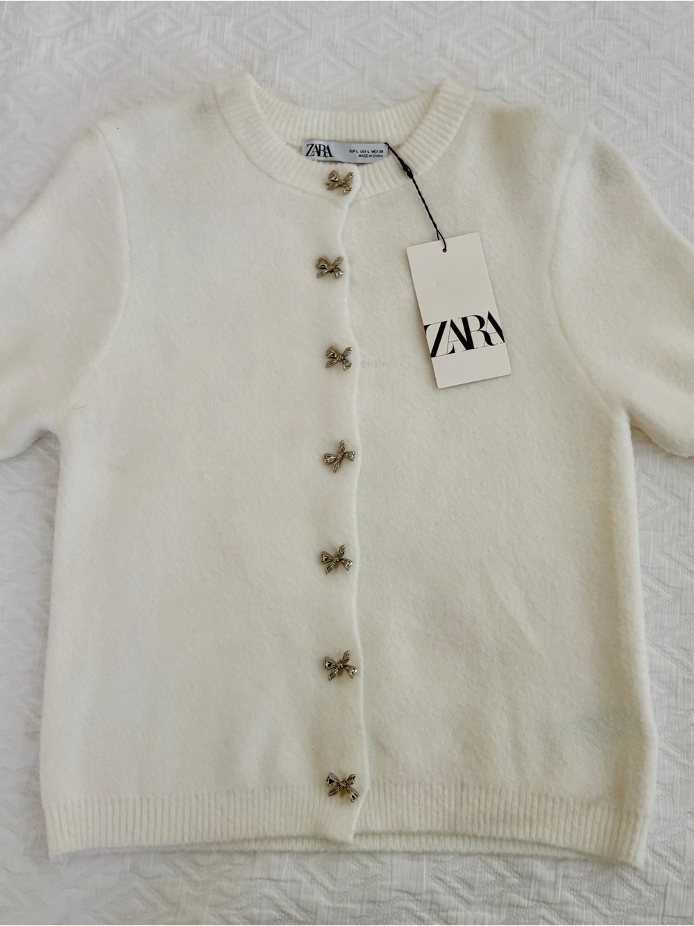 Zara Cream Knit Cardigan with Bow Buttons